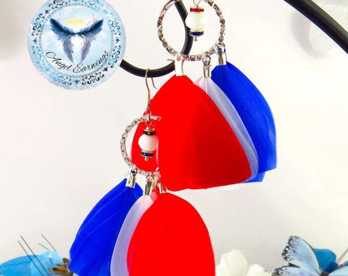Patriot – Feather earrings - Bead earrings - Glass Beads - Silver-Plated - Hypoallergenic