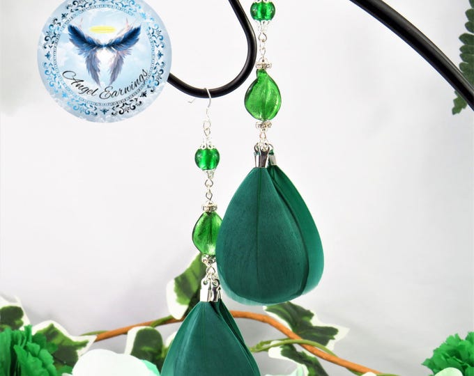 Emerald Isles - Feather Earrings - Glass Beads - Silver Plated - Green Feathers - Hypoallergenic