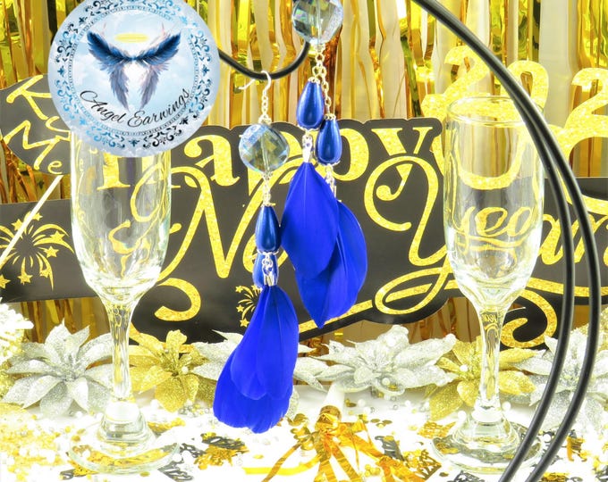 Celebrate - Feather Earrings - Blue Feathers - Feathers - Beads Earrings - Glass Beads - Hypoallergenic