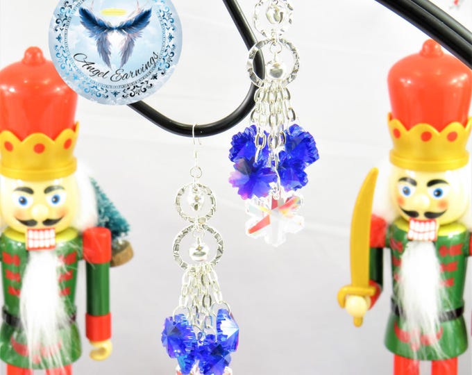 Sleigh Bells - Bead Earrings - Blue Crystal Snowflakes - Clear Crystal Snowflake - Silver Plated - Hypoallergenic