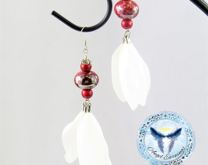Shine White - Feather Earrings - White Feathers - Ceramic Beads - Stainless Steel - Hypoallergenic