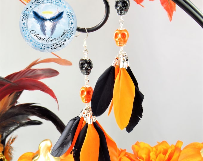 Haunted Halloween - Feather Earrings - Ceramic Beads - Stainless Steel - Silver Plated - Hypoallergenic