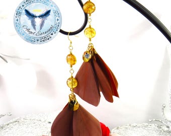 Mama Bear - Feather Earrings - 14K Gold - Feathers - Brown Feathers - Glass beads - Hypoallergenic