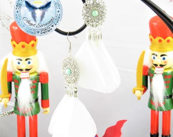 Ice Queen - Feather Earrings - White Feathers - Charm - Silver Plated - Hypoallergenic