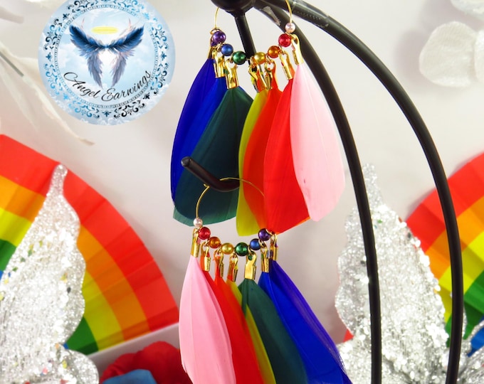 Love Wins - Feather Earrings - Hoops - Rainbow - 14K Gold-Plated - Pearl Beads - Hypoallergenic