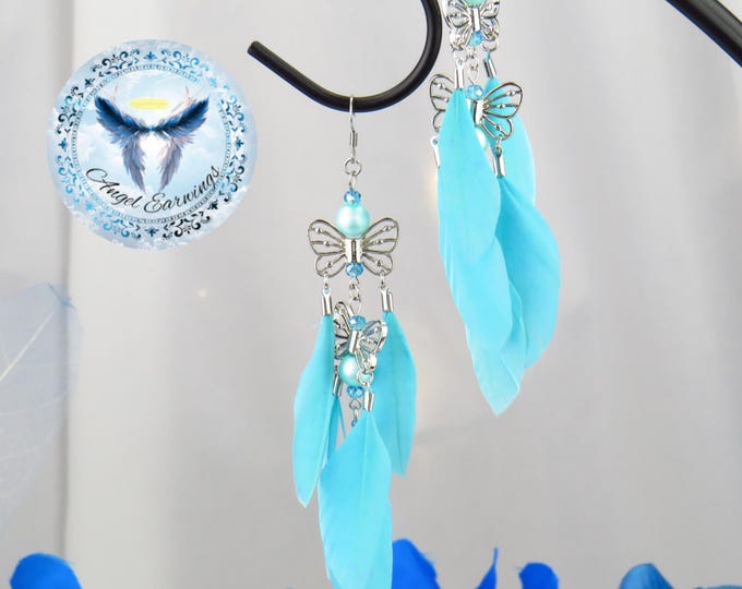 Blue Butters - Feather Earrings - Blue Feathers - Stainless Steel - Glass Pearls - Hypoallergenic