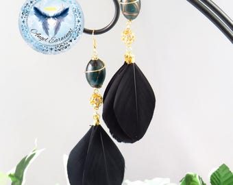 Glazed Green Feather Earrings: 14K Gold-Plated, Black Feathers