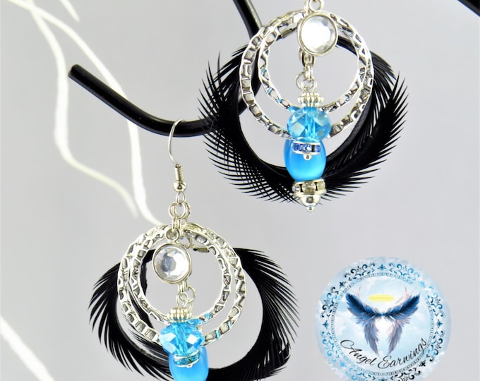Dark Circles - Feather Earrings - Glass Beads - Tiger Eye - Silver Plated - Hypoallergenic