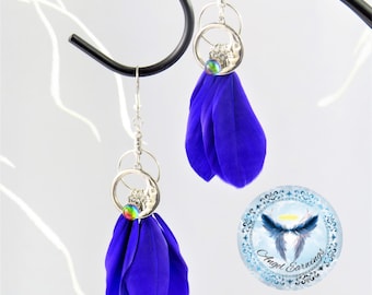Purple Moon - Feather Earrings - Moon Charm - Glass Bead - Stainless Steel - Hypoallergenic