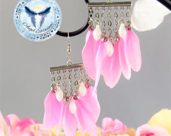 Pink Feather Dangle Earrings: Rhinestone & Glass Bead Charms