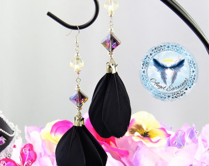 Purple Pop - Feather Earrings - Black Feathers - Glass Beads - Silver Plated - Hypoallergenic