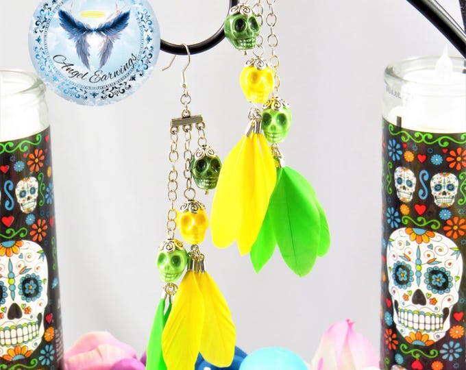 Mictecacihuatl - Feather Earrings - Day of the Dead - Ceramic Beads - Stainless Steel - Hypoallergenic