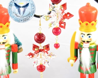 Rudolph - Bead Earrings - Glass Beads - Acrylic Snowflake - 14K Gold - Hypoallergenic