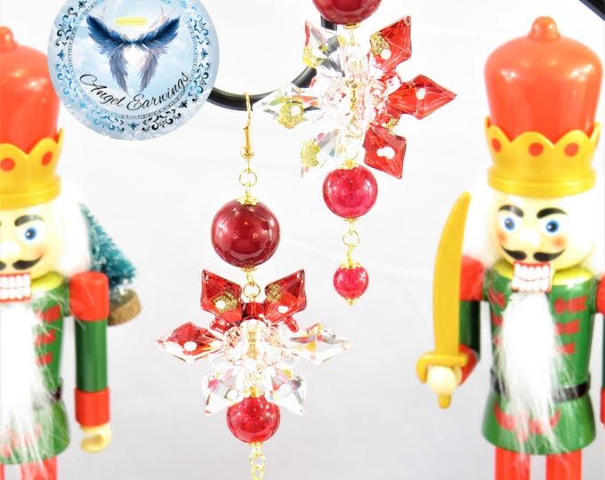 Rudolph - Bead Earrings - Glass Beads - Acrylic Snowflake - 14K Gold - Hypoallergenic
