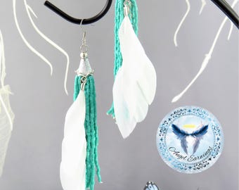 Ocean Waves Feather Earrings: Teal Seed Bead Tassels, Hypoallergenic
