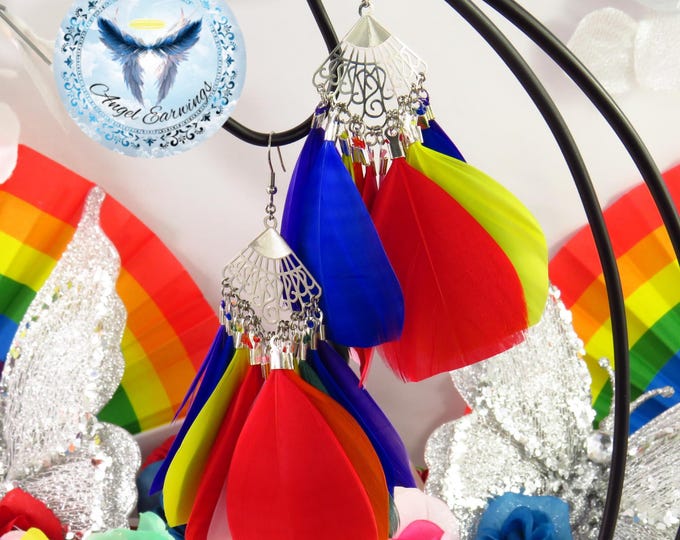 Let Me Be Perfectly Queer - Feather Earrings - Fan - Rainbow - Silver-Plated - Hypoallergenic