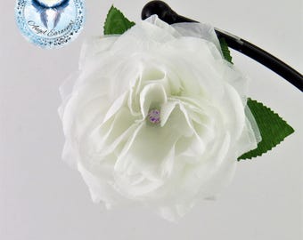 Sparkling White Rose Hair Clip: Gem Center, Alligator Clip