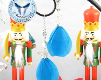Snow Angels - Feather Earrings - Blue Feathers - Glass Beads - Silver Plated - Hypoallergenic