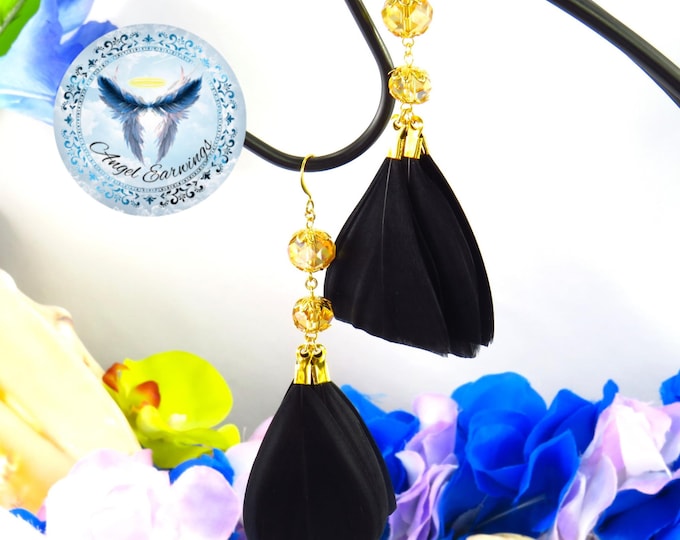 Sun-Kissed Skin – Feather Earrings – Glass Beads – Gold-Plated – Black Feathers - Hypoallergenic