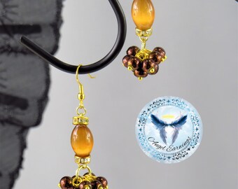 Tiger's Eye Dangle Earrings: Gold-Tone Rhinestone & Brown Glass Beads