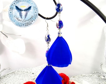 Super Mom - Feather Earrings - Feathers - Blue Feathers - Glass Beads - Teardrop - Hypoallergenic