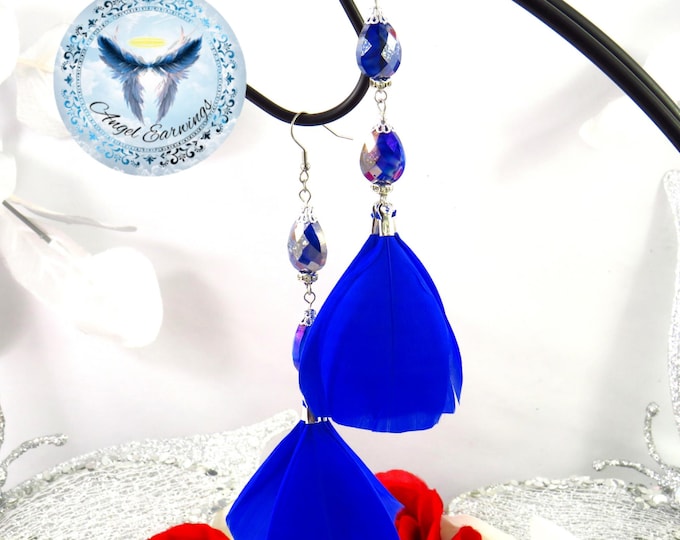 Super Mom - Feather Earrings - Feathers - Blue Feathers - Glass Beads - Teardrop - Hypoallergenic