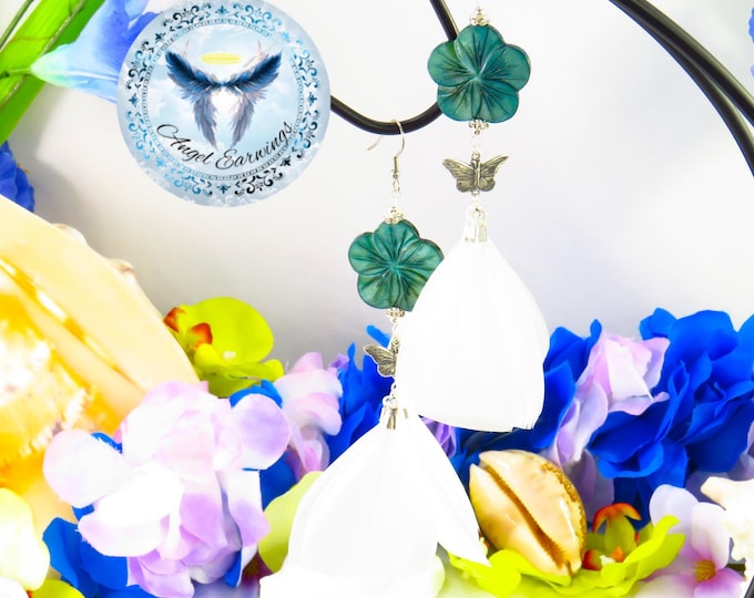 Carefree – Feather Earrings – Shell Earrings – Sterling Silver Butterfly – Mother of Pearl – White Feathers – Silver-Plated - Hypoallergenic