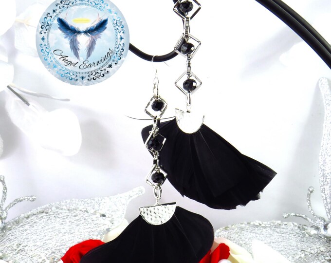Queen of Bling - Feather Earrings - Black Feathers - Feathers - Glass beads - Hypoallergenic