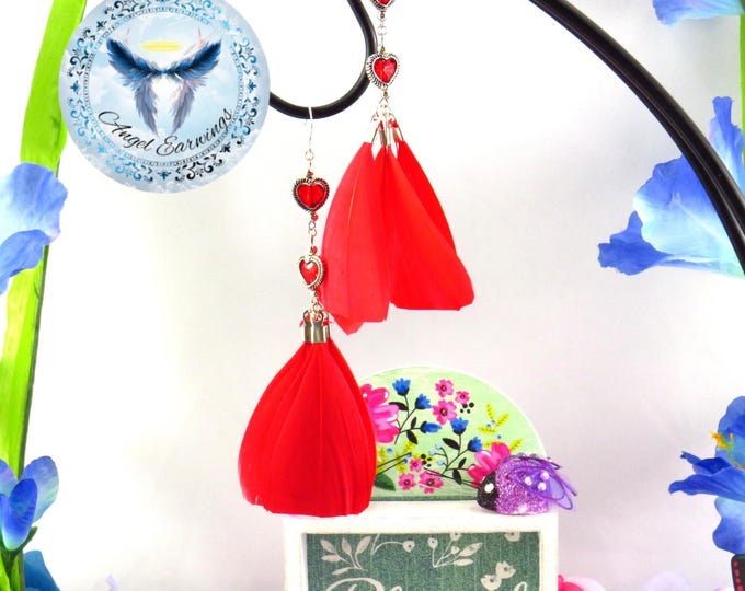 Hearts have Wings - Red Feathers - Crystal Hearts - Silver-Plated - Hypoallergenic