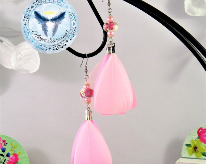 Spring Blossom - Feather Earrings - Beads - Pink Feathers - Silver Plated - Hypoallergenic