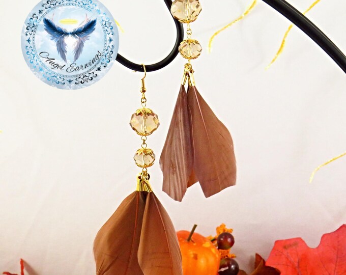 Chestnut - Feather Tips - Brown Feathers - Gold-Plated - Glass Beads - Hypoallergenic