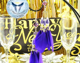 Stroke of Midnight - Feather Earrings - Violet Feathers - Feathers - Crystal Pearls - Glass beads - Hypoallergenic