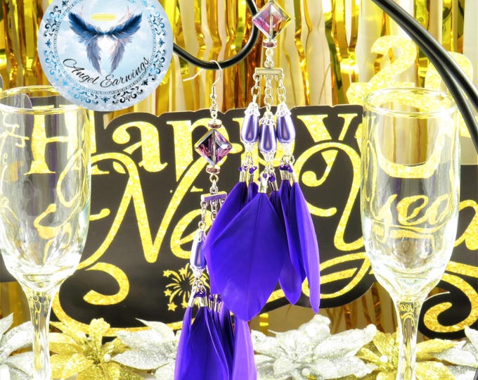 Stroke of Midnight - Feather Earrings - Violet Feathers - Feathers - Crystal Pearls - Glass beads - Hypoallergenic