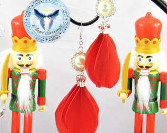 Red Feather Christmas Earrings: Pearl & Rhinestone Holiday Jewelry