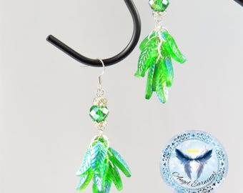Green Leaf Dangle Earrings: Blue Essence Glass Bead Earwings