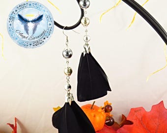 My Broomstick Runs on Wine - Feather Tips - Black Feathers - Silver-Plated - Glass Pearl Beads - Hypoallergenic