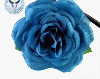 Blue Sparkle Rose Hair Clip: Shimmering Flower Accessory