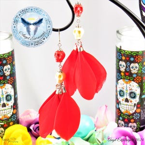 Abuelita -  Feather Earrings - Day of the Dead - Ceramic Beads - Stainless Steel - Hypoallergenic