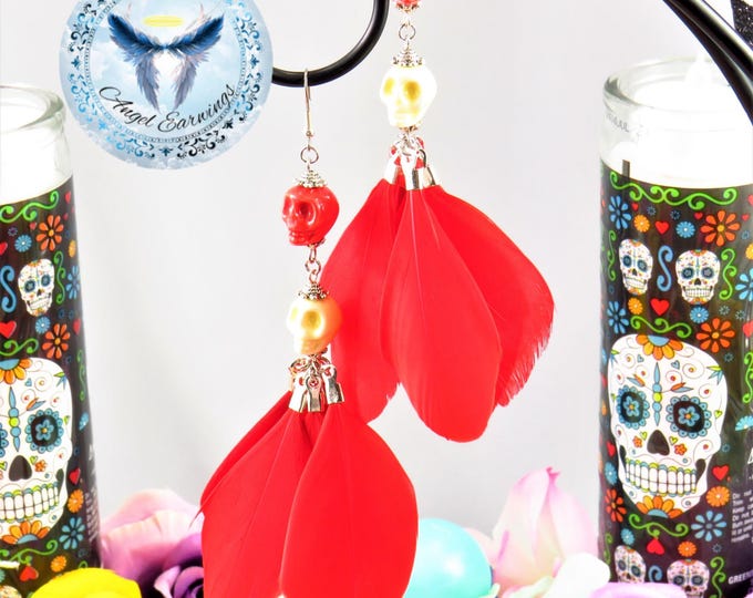 Abuelita -  Feather Earrings - Day of the Dead - Ceramic Beads - Stainless Steel - Hypoallergenic
