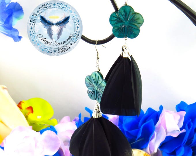 Lazy Days – Feather Earrings – Shell Earrings – Mother of Pearl – Black Feathers – Silver-Plated - Hypoallergenic