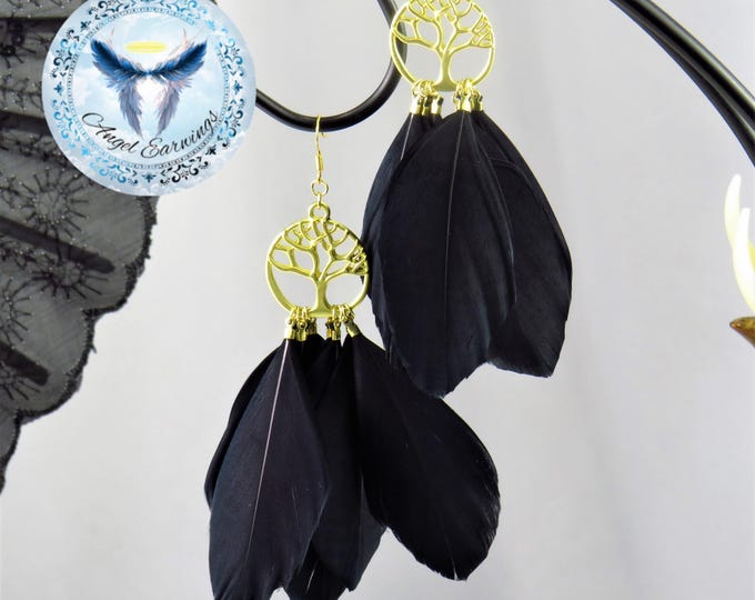 Deep Roots - Feather Earrings - Black Feathers - Feathers - Tree charm - Hypoallergenic