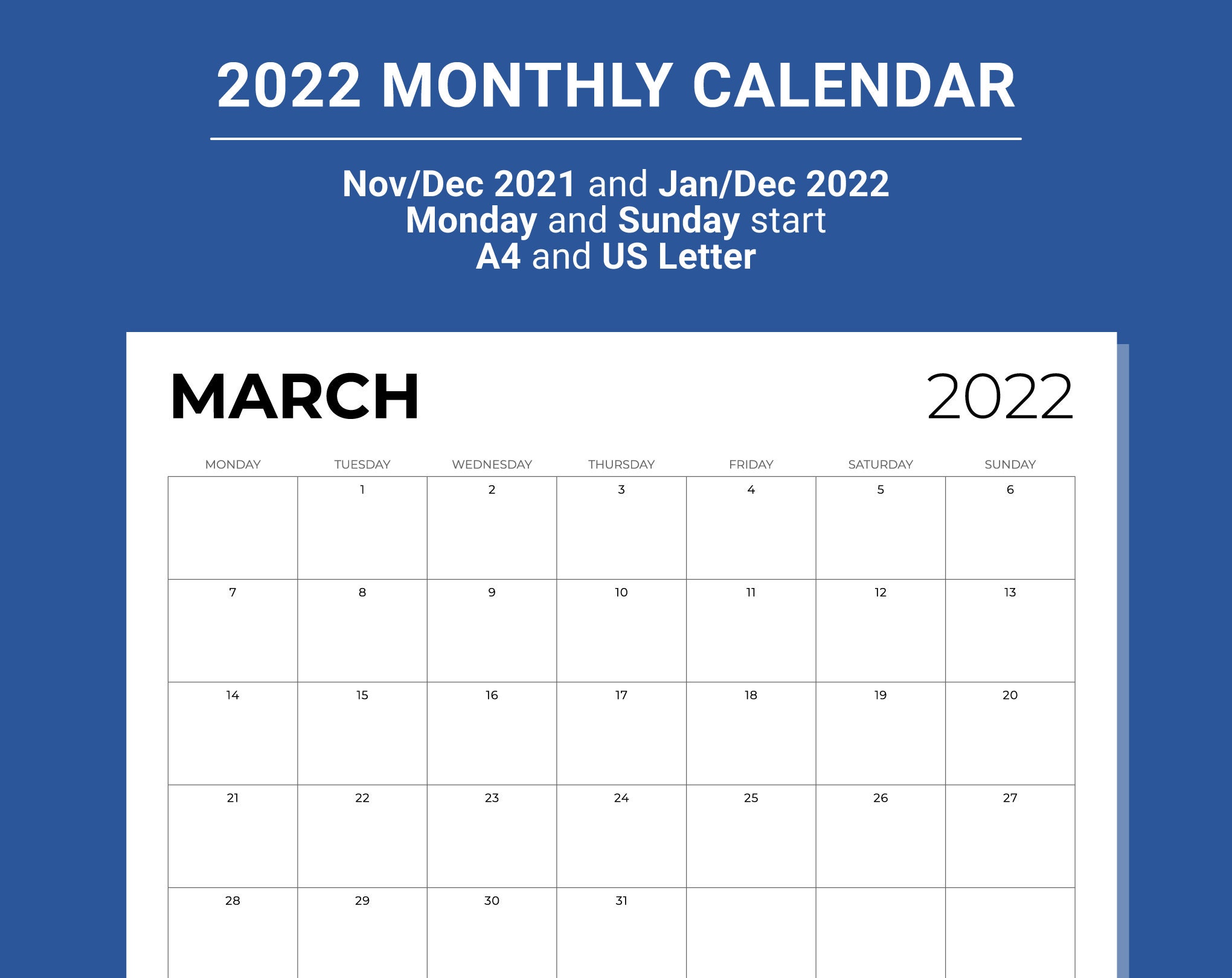 2022 monthly calendar printable calendar calendar 2022 etsy canada