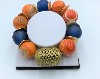 Boho Hippie Lagenlook Stretch Woman's Bracelet Bright Colors Ghana Brass Krobo Glass Huge Natural Agate Evil Eye beads gift for her   5886
