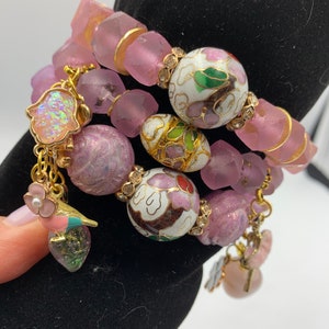 Set of Three Women's Boho Hippie Stackable Stretch Charms Bracelets Pink Java Faceted Beads Gilded Brass Cloisonne Gift for Her 5927