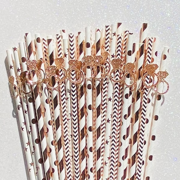 Rose Gold Diamond Ring Wedding Straw, Engagement Party Straw Decor, Bridal Shower Gold Party  Straw, Diamond Engagement Ring Straws S/12