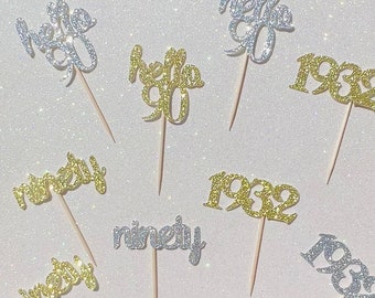 Hello 90 Glitter Cupcake Toppers, 90th Birthday Party Decorations