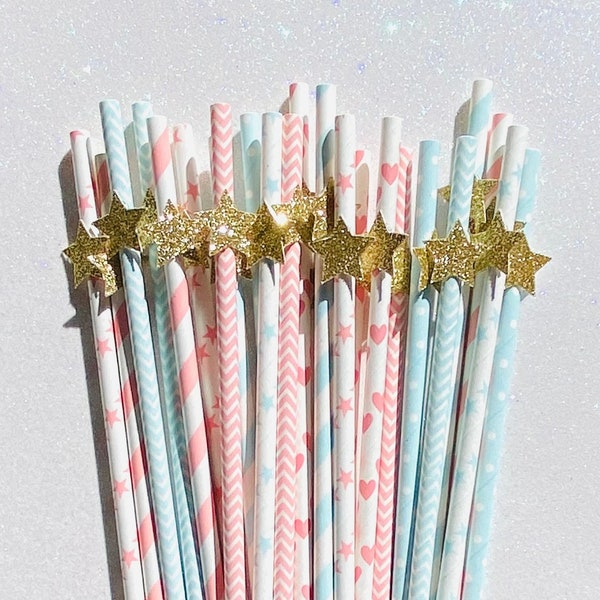 Gender Reveal Gold Star Pink Blue Paper Party Straw, Twinkle Twinkle Little Star Straw Baby Shower Decor, Baby Shower Gender Reveal Straws