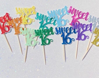 Glitter Sweet 16 Cupcake Toppers, Handmade Party Decor