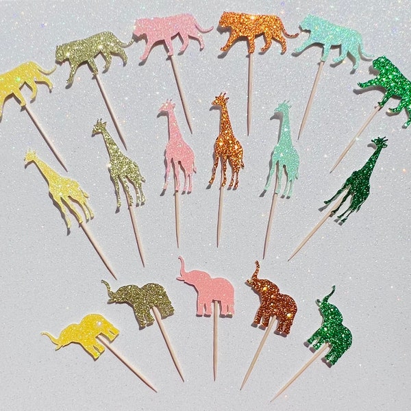 Safari Jungle Animal Glitter Cupcake Toppers, Jungle Safari Cupcake Picks, Giraffe, Tiger, Elephant Gold Birthday Topper, Jungle Safari Pick