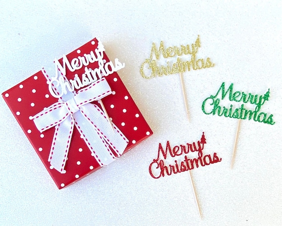 Glitter Merry Christmas Cupcake Toppers, Xmas Party Decor